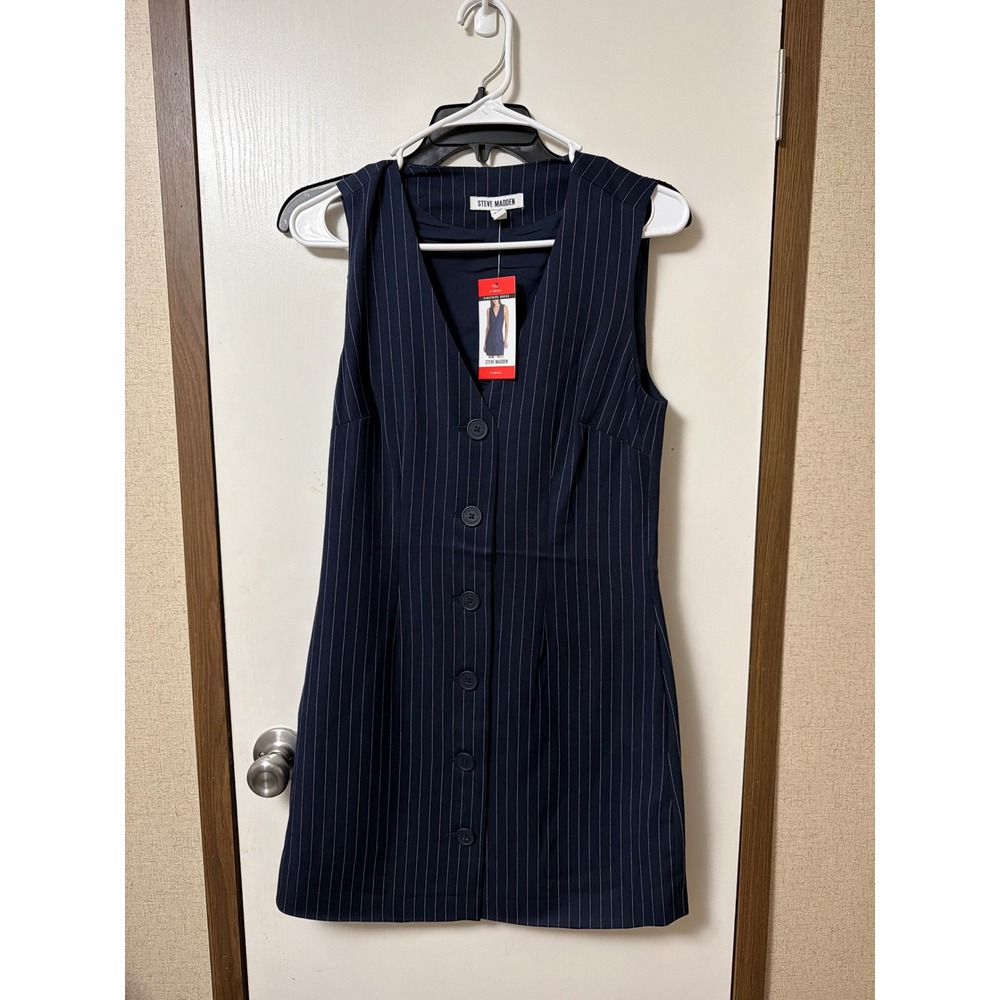 Steve Madden Womens Pinstripe Mini Dress Navy Blue Button XS NEW